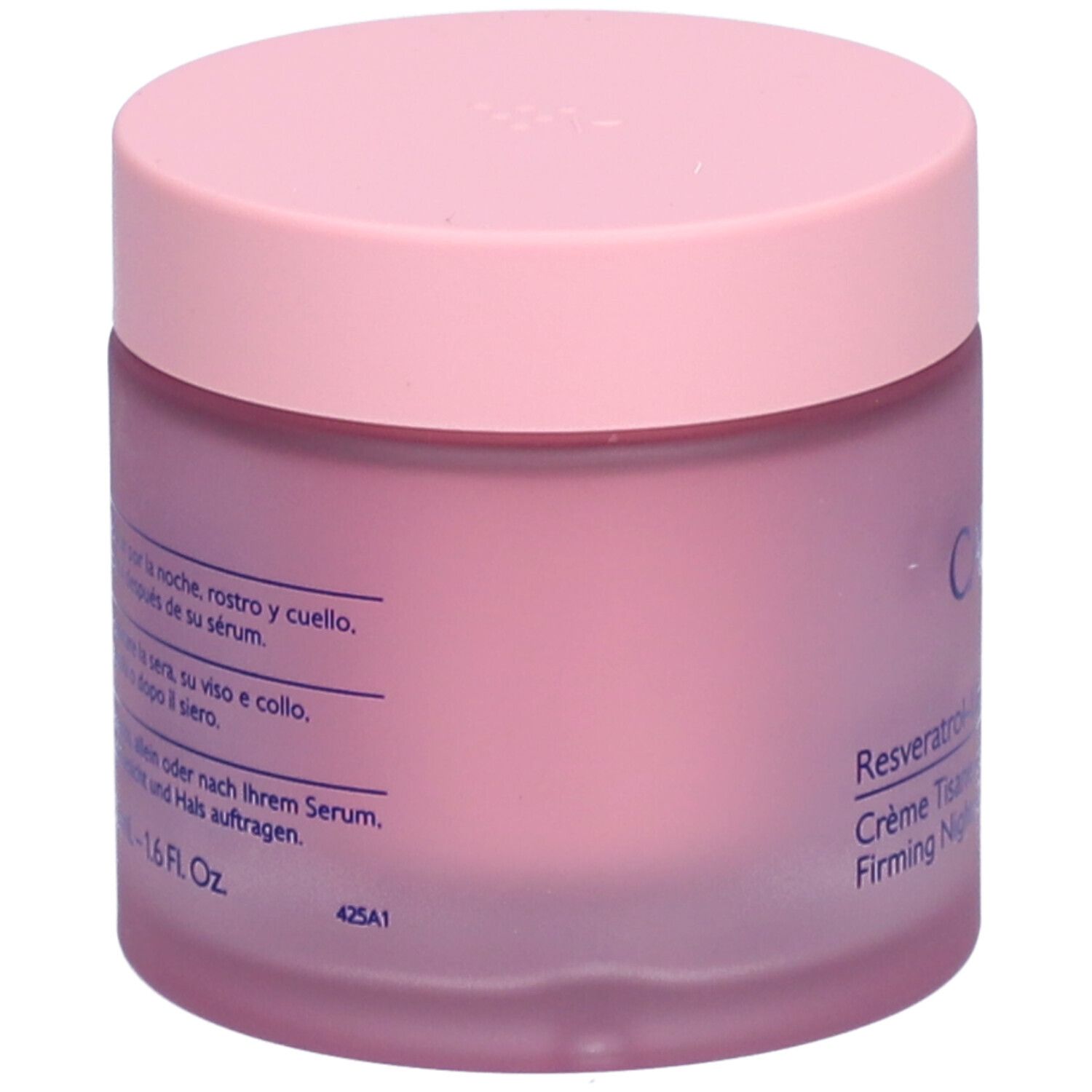 Rosa Tiegel mit rosa Deckel. Rückseite mit Text. Aufschrift Resveratrol-Lift, Crème Tisane de Nuit, Firming Night Cream.