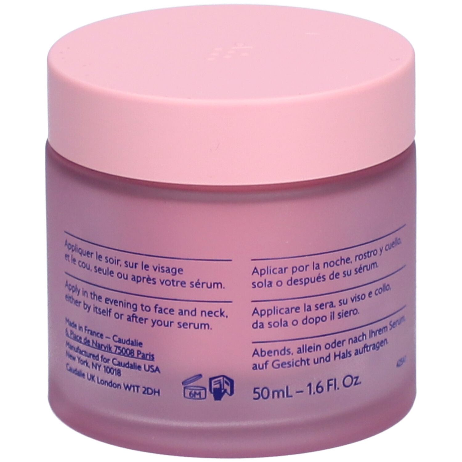 Rosa Tiegel mit rosa Deckel. Rückseite mit Text. Aufschrift 50 ml - 1.6 Fl. Oz. und Herstellerinformationen.