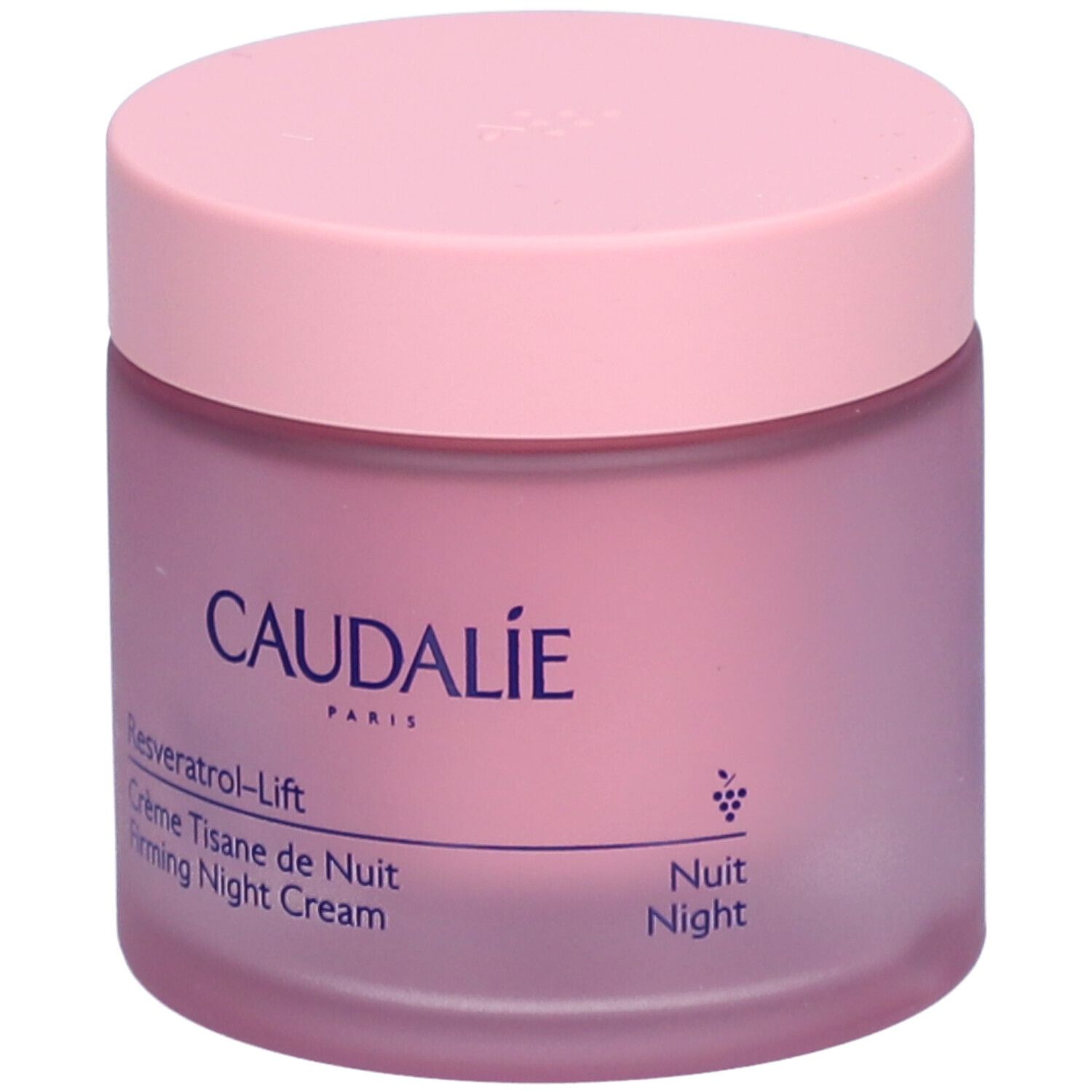 Rosa Tiegel mit rosa Deckel. Aufschrift CAUDALIE, Resveratrol-Lift, Crème Tisane de Nuit, Firming Night Cream.