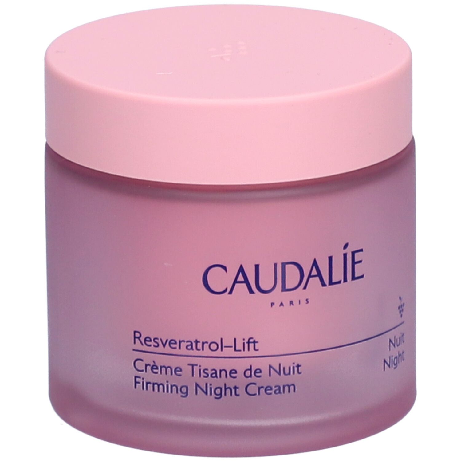 Rosa Tiegel mit rosa Deckel. Aufschrift CAUDALIE, Resveratrol-Lift, Crème Tisane de Nuit, Firming Night Cream.