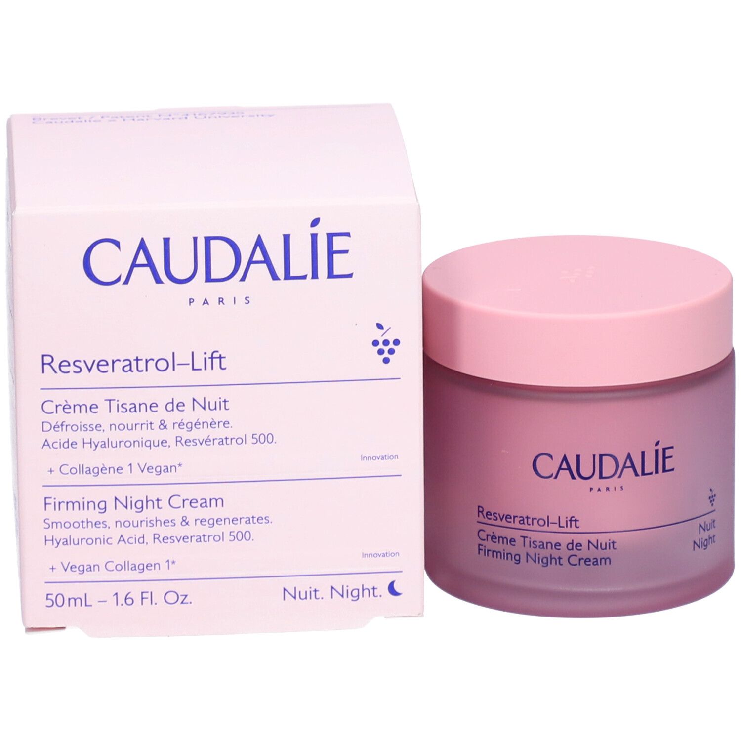 Rosa Tiegel und Schachtel. Aufschrift CAUDALIE, Resveratrol-Lift, Crème Tisane de Nuit, Firming Night Cream.