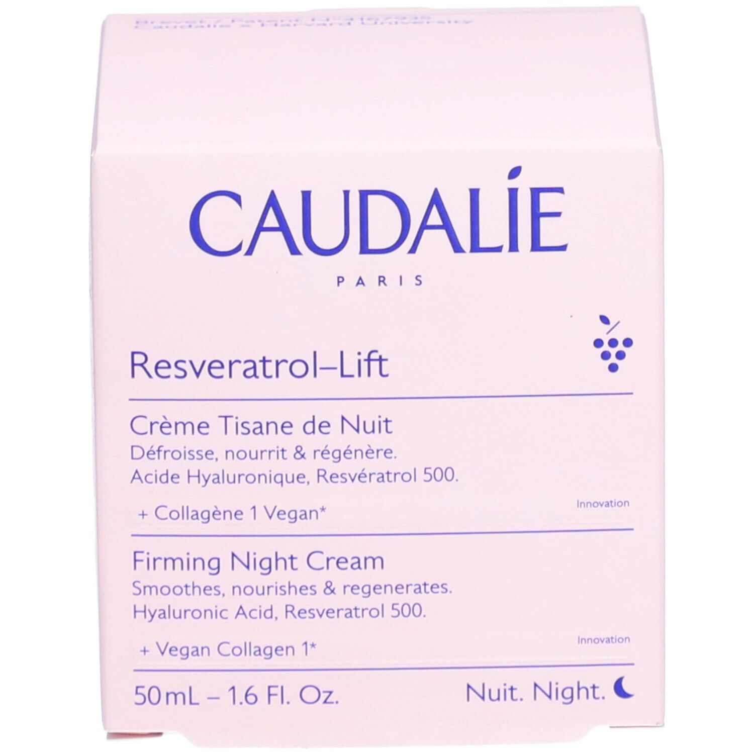Weiße Schachtel. Aufschrift CAUDALIE, Resveratrol-Lift, Crème Tisane de Nuit, Firming Night Cream. 50ml - 1.6 Fl. Oz.