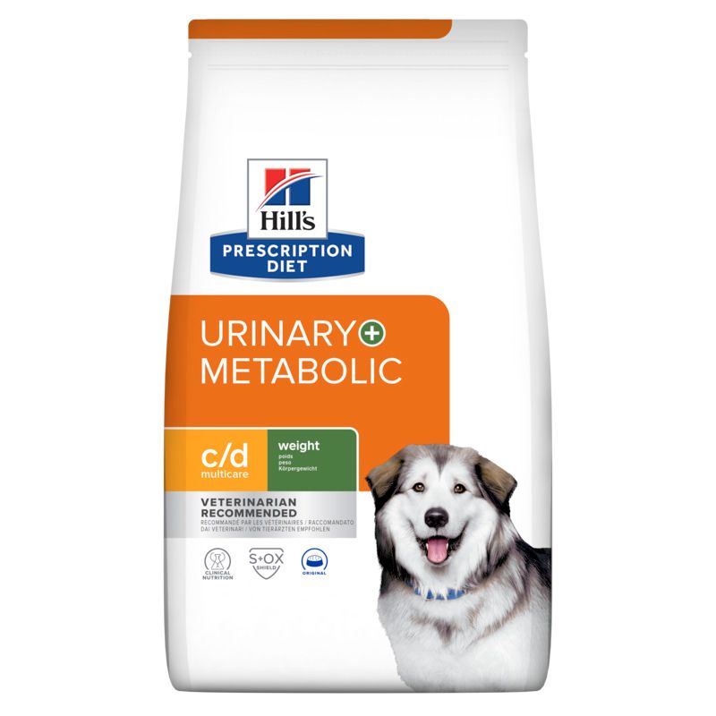 Hundefutterbeutel mit Produktnamen und Hund. Aufschrift: Urinary + Metabolic, c/d multicare, Gewicht. Marke: Hill's Prescription Diet.