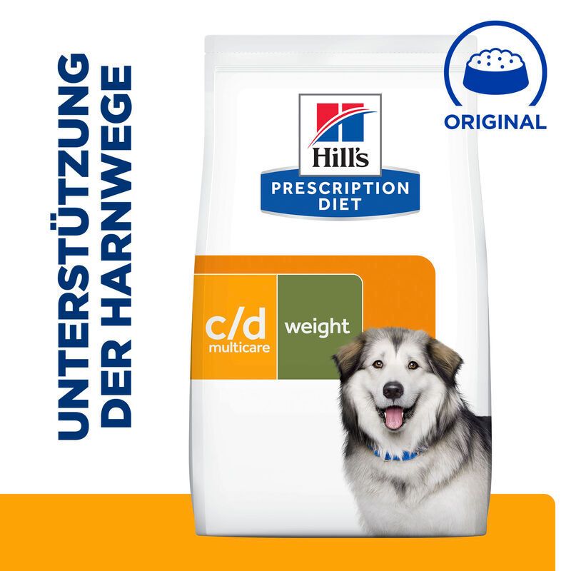 Hundefutterbeutel mit Produktnamen und Hund. Aufschrift: Unterstützung der Harnwege, c/d multicare, Gewicht. Marke: Hill's Prescription Diet.