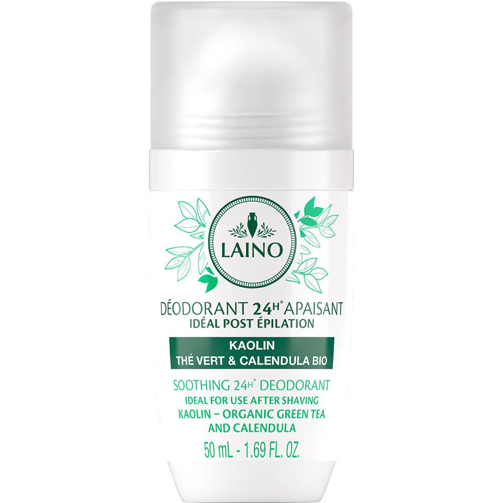 Weißer Roll-on-Deo mit grünen Akzenten. Aufschrift: Laino, Deodorant 24h apaisant, idéal post épilation. Enthält Kaolin, grünen Tee und Calendula.