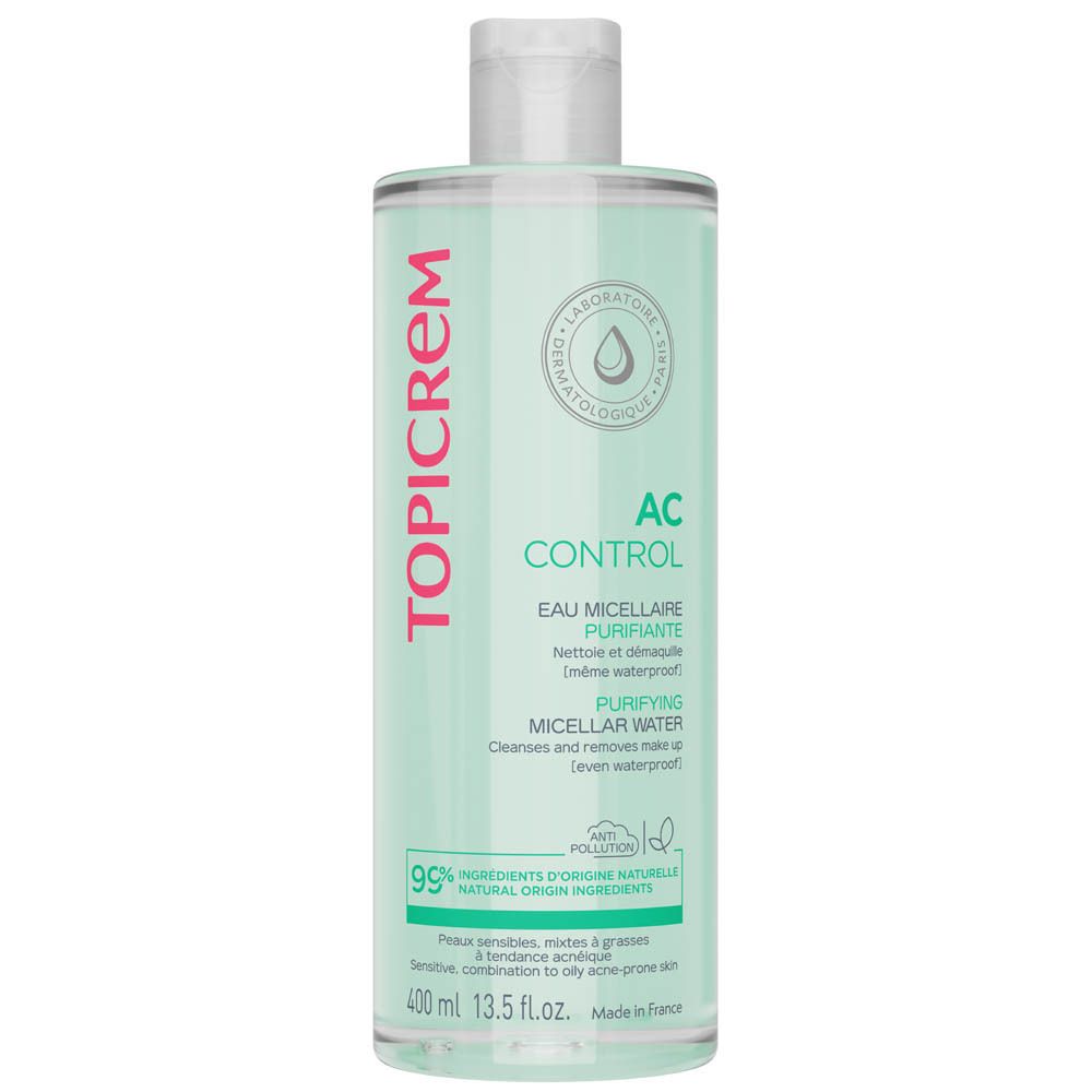 Topicrem AC Control Eau Micellaire. Flasche mit weißem Deckel. Rosa und grüne Etikettierung mit Produktinformationen.