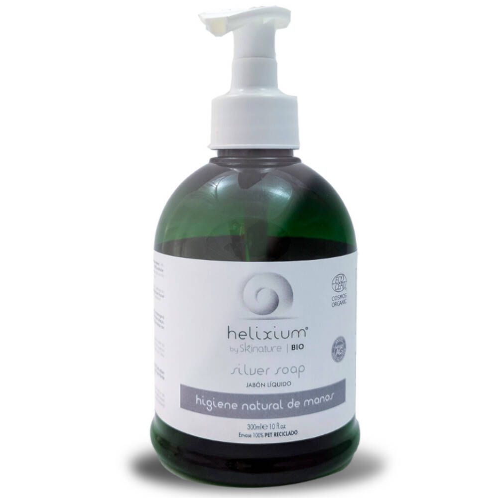 Grüne Flasche mit weißem Pumpkopf. Aufschrift: Helixium Silver Soap. Etikett mit Text in spanischer Sprache.