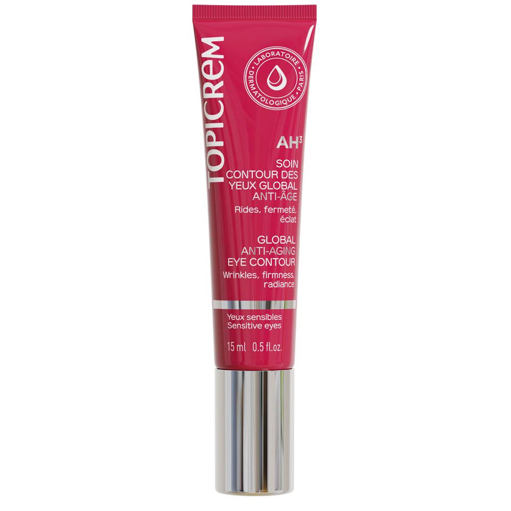 Rote Tube mit silbernem Deckel. Text: TOPICREM, SOIN CONTOUR DES YEUX ANTI-ÂGE GLOBAL. 15 ml.