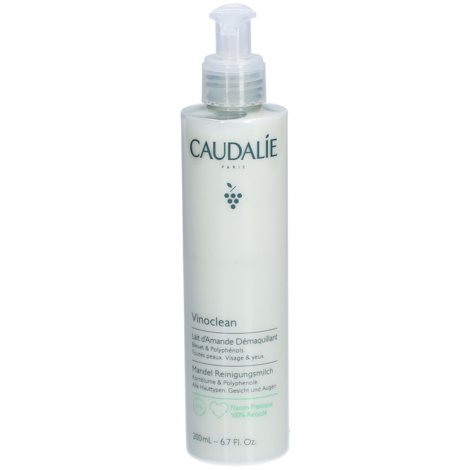 Caudalie Vinoclean Lait d'Amande Démaquillant. Weiße Flasche mit Pumpe. Produktname und Logo auf der Vorderseite. 200ml.