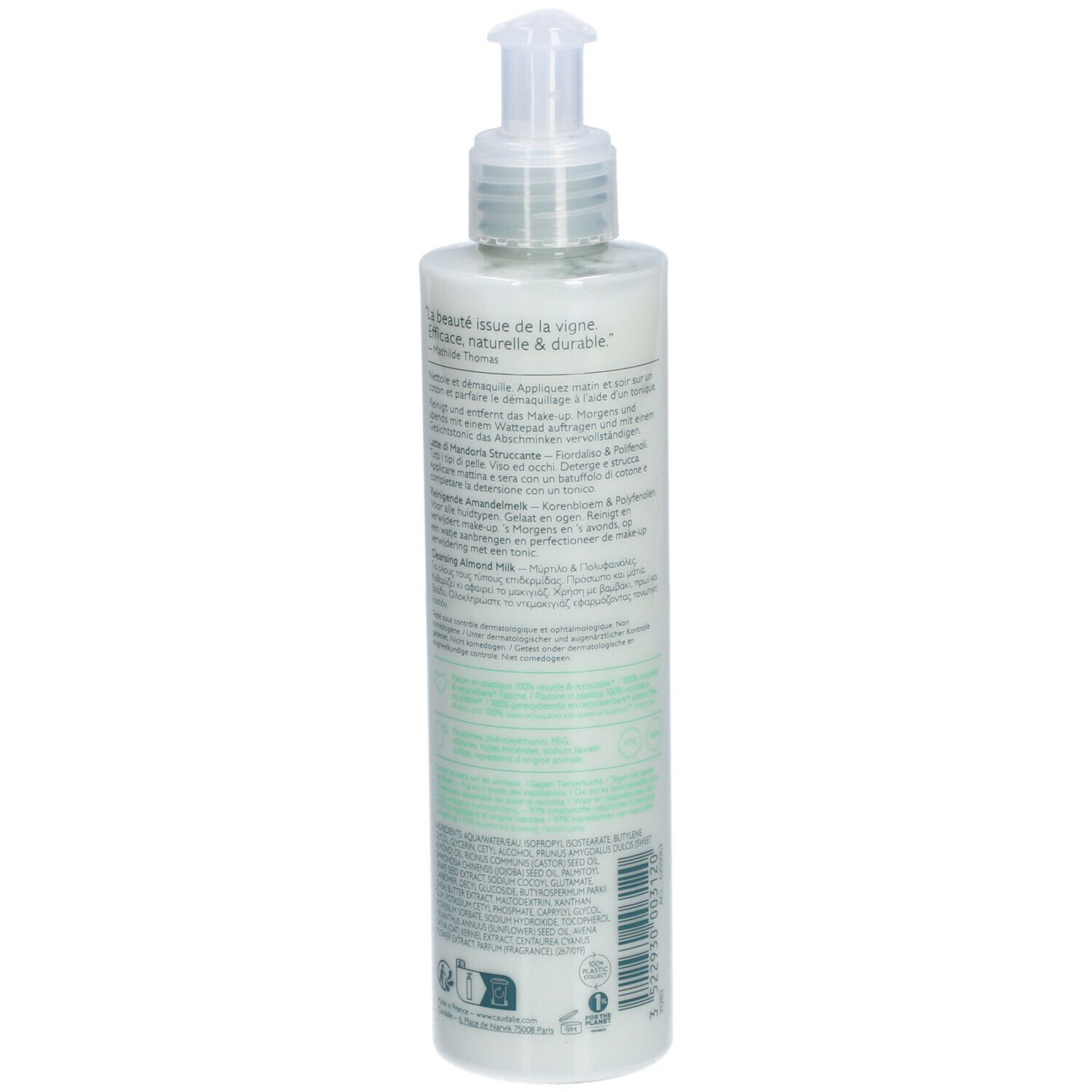 Caudalie Vinoclean Lait d'Amande Démaquillant. Rückansicht der Flasche. Text und Etikett. 200ml. Mit Pumpe.