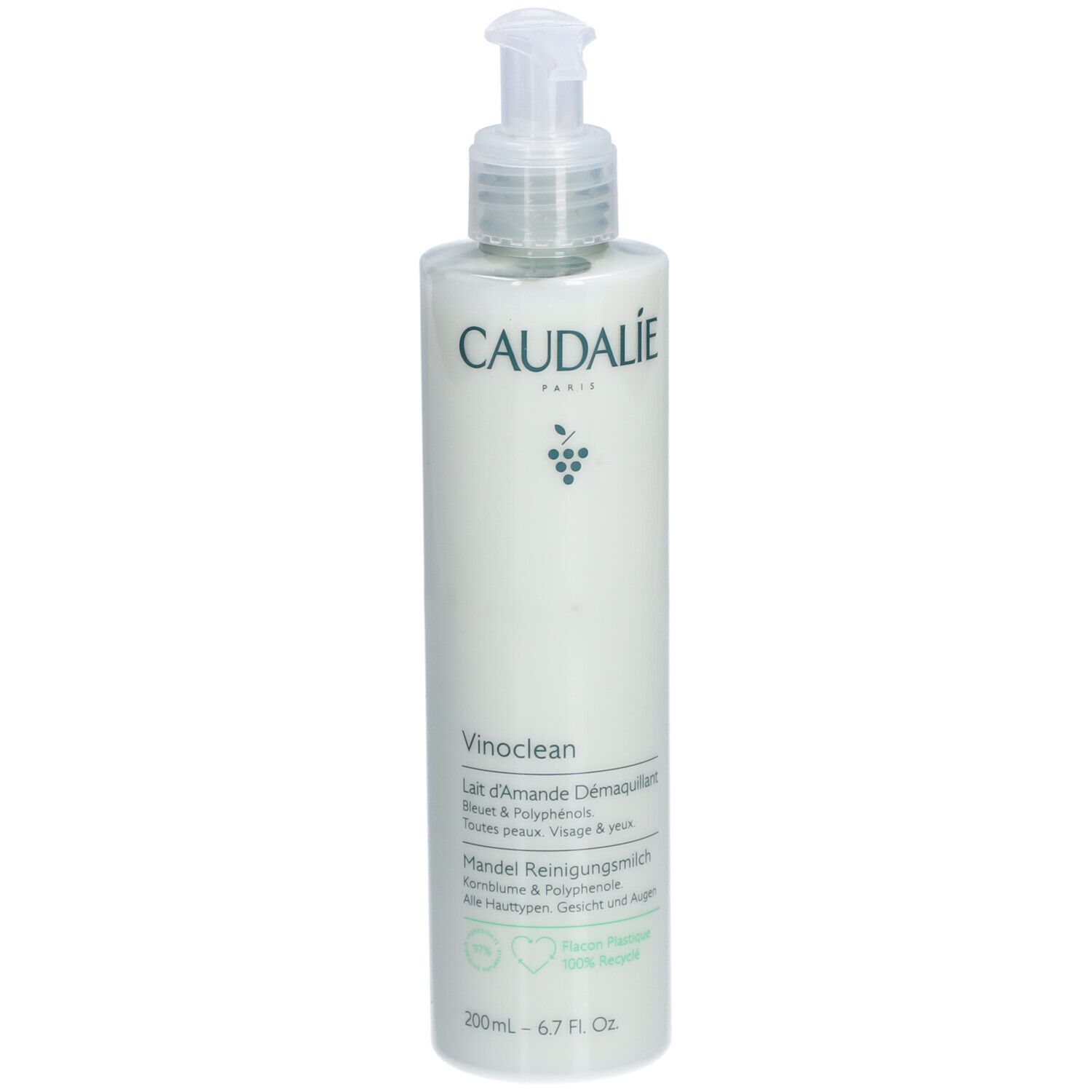 Caudalie Vinoclean Lait d'Amande Démaquillant. Weiße Flasche mit Pumpe. Produktname und Logo auf der Vorderseite. 200ml.