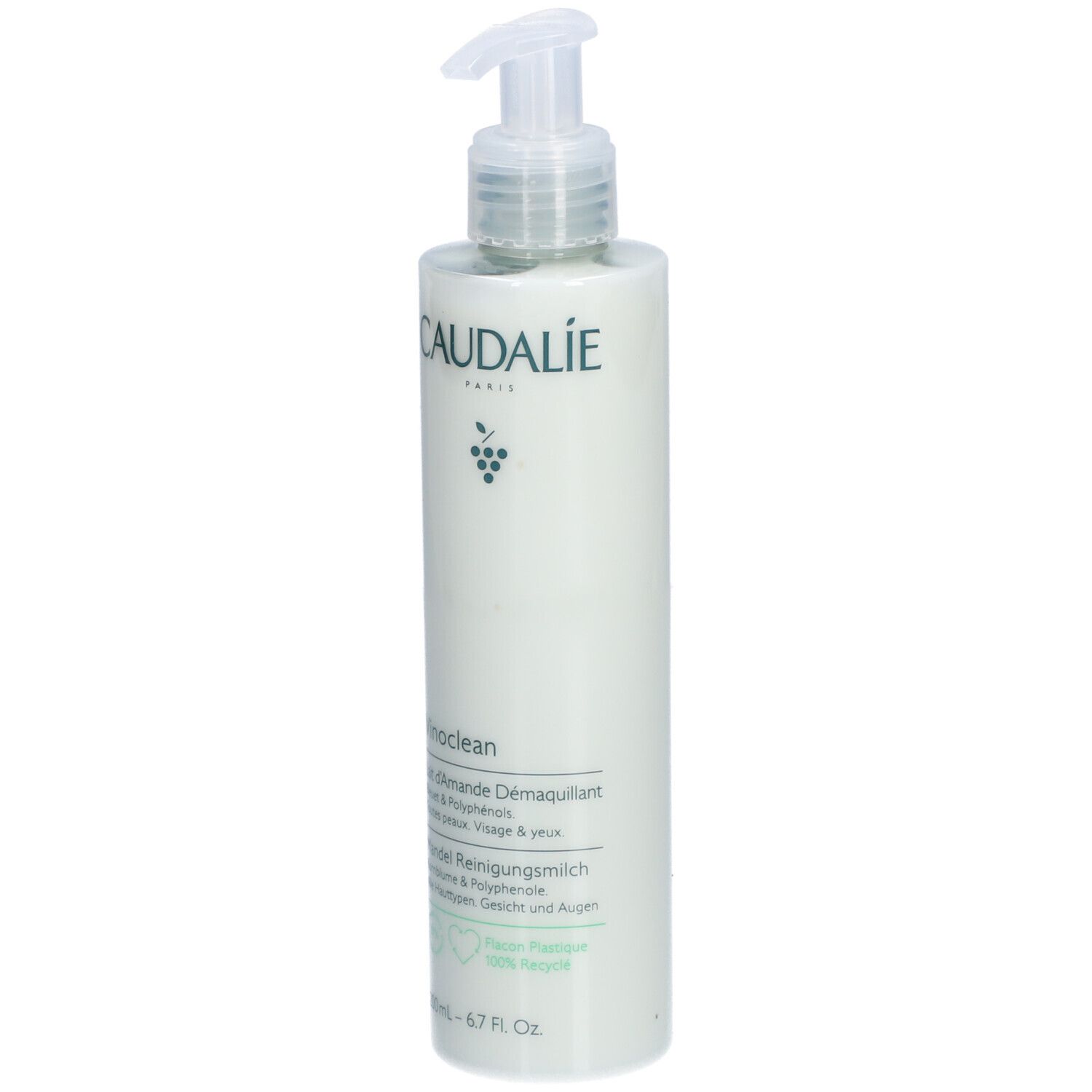 Caudalie Vinoclean Lait d'Amande Démaquillant. Weiße Flasche mit Pumpe. Produktname und Logo auf der Vorderseite. 200ml.