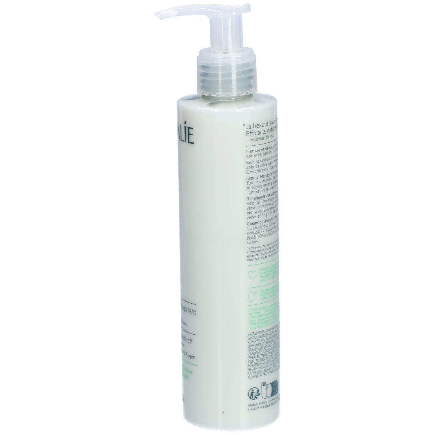 Caudalie Vinoclean Lait d'Amande Démaquillant. Rückansicht der Flasche. Text und Etikett. 200ml. Mit Pumpe.