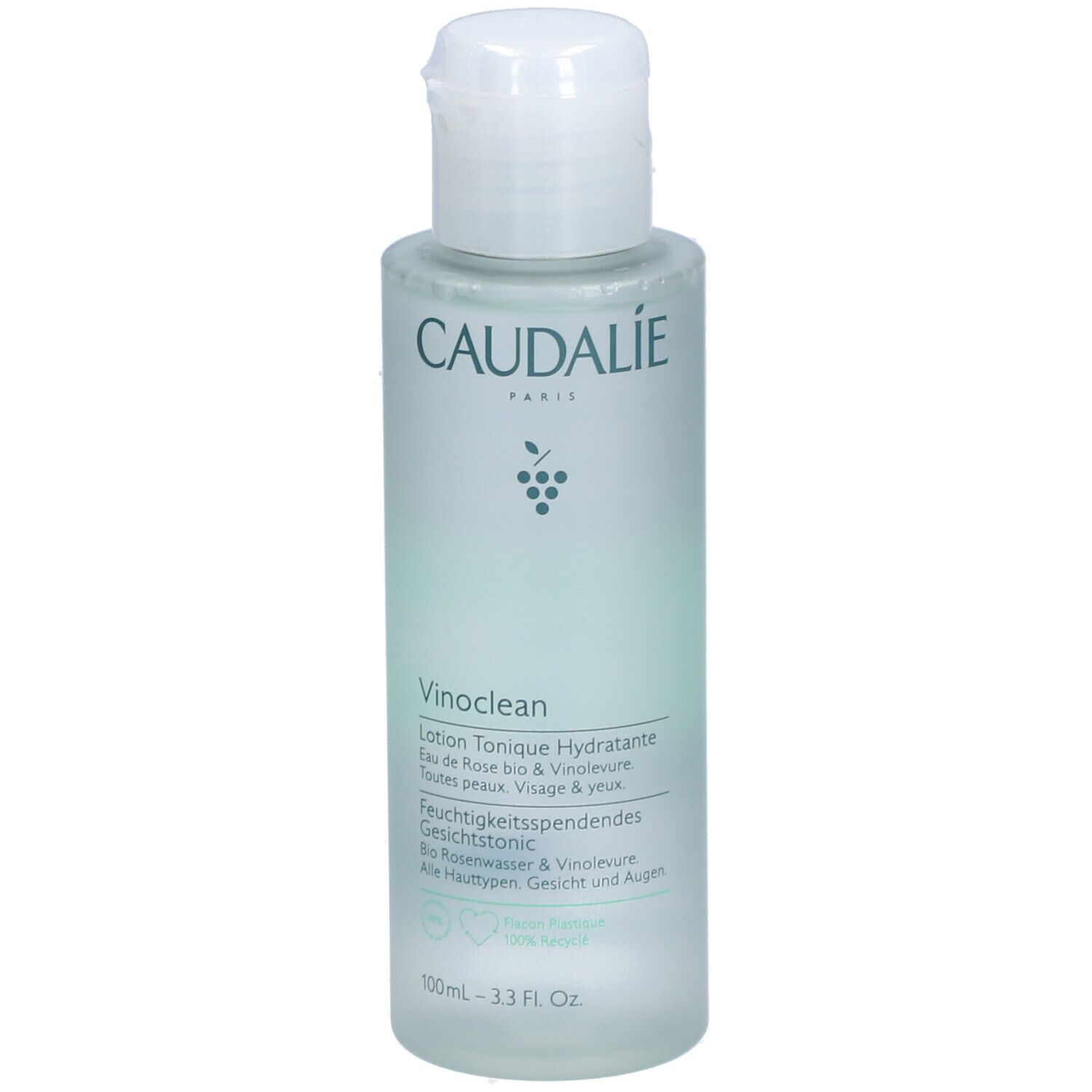 Körperpflegeflasche mit weißem Deckel. Aufschrift: CAUDALIE, Vinoclean, Lotion Tonique Hydratante. 100ml.