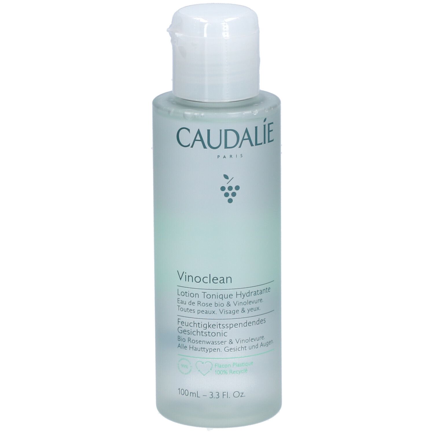 Körperpflegeflasche mit weißem Deckel. Aufschrift: CAUDALIE, Vinoclean, Lotion Tonique Hydratante. 100ml.