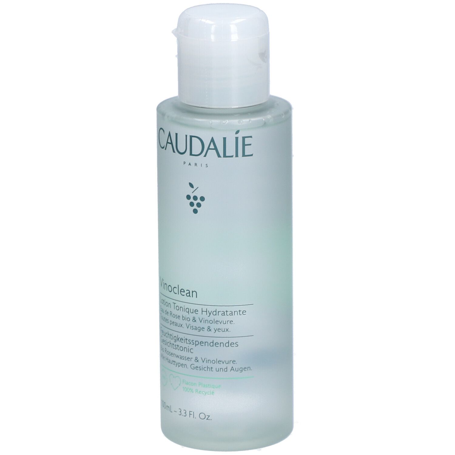 Körperpflegeflasche mit weißem Deckel. Aufschrift: CAUDALIE, Vinoclean, Lotion Tonique Hydratante. 100ml.
