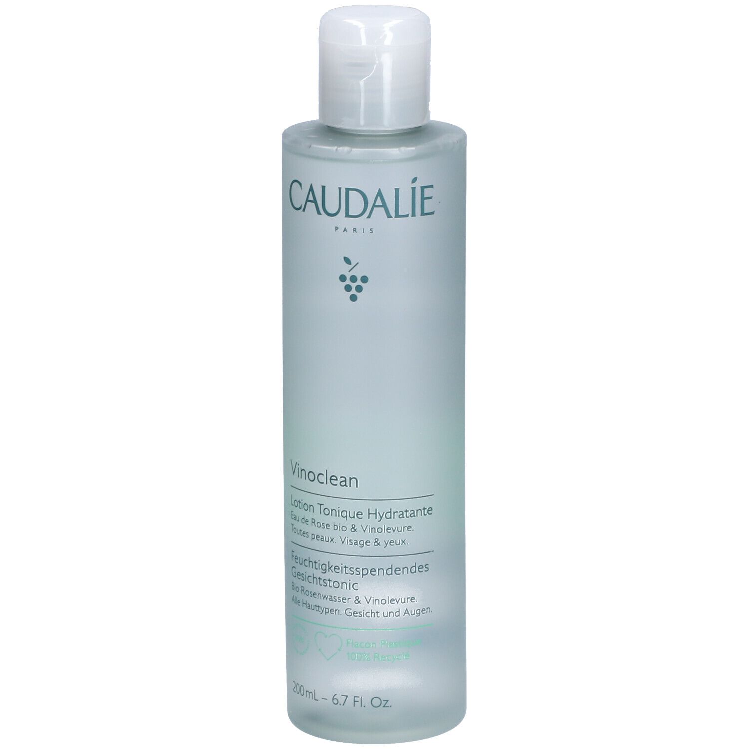 Flasche mit weißem Deckel. Caudalie-Logo und Produktbezeichnung Vinoclean. Text: Lotion Tonique Hydratante.