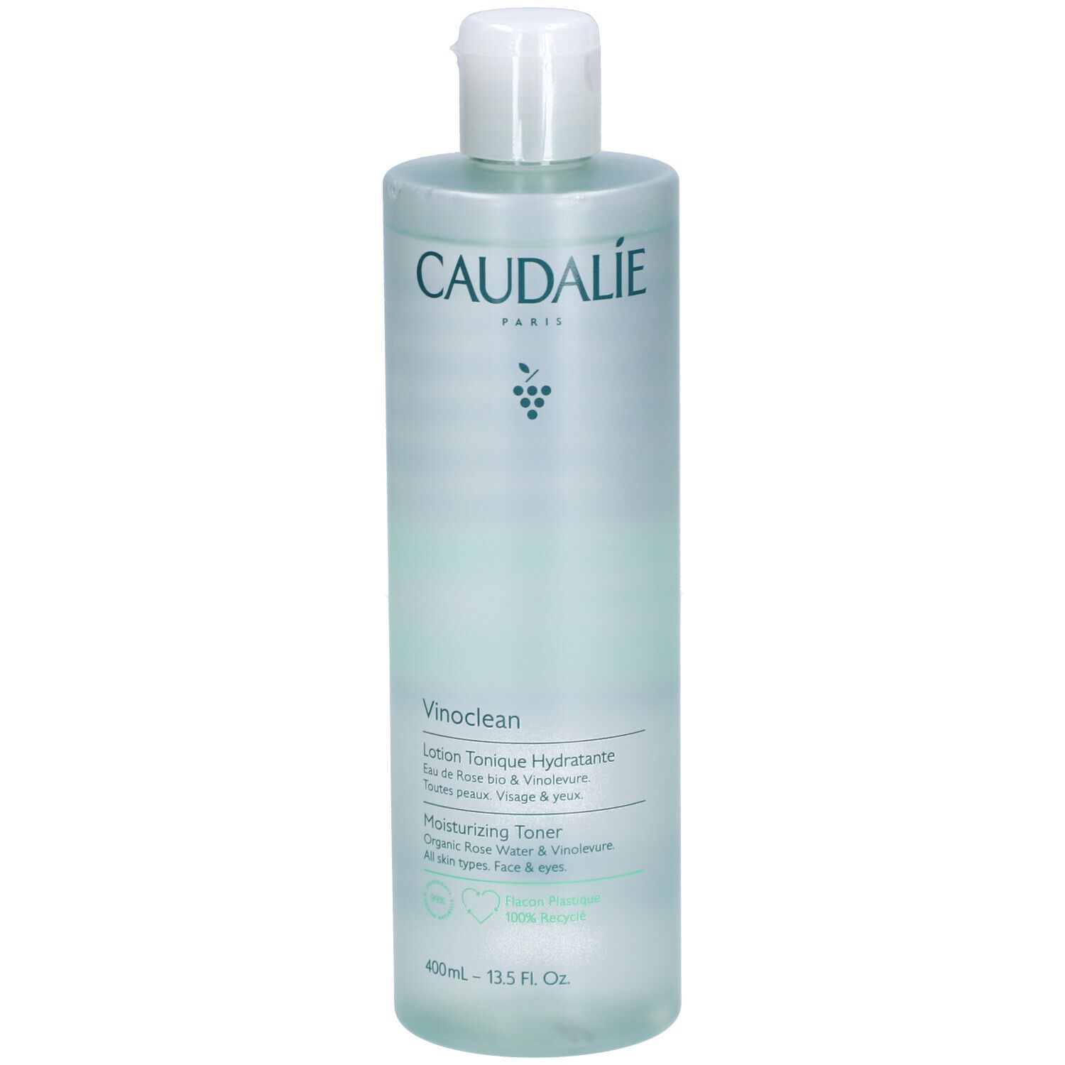 Caudalie Vinoclean Gesichtstonic-Flasche. Weißer Deckel, grüne Schrift. Enthält Rose und Vinolevure. 400ml.