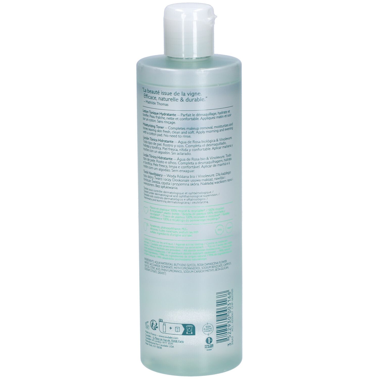 Rückseite der Caudalie Vinoclean Tonic-Flasche. Text in mehreren Sprachen. Grüne Schrift auf transparentem Hintergrund.
