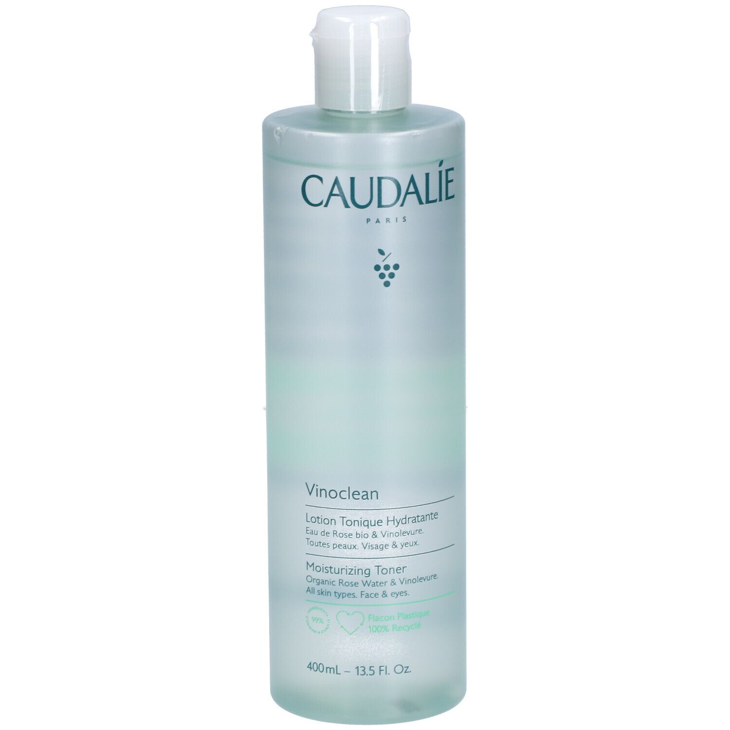 Caudalie Vinoclean Gesichtstonic-Flasche. Weißer Deckel, grüne Schrift. Enthält Rose und Vinolevure. 400ml.