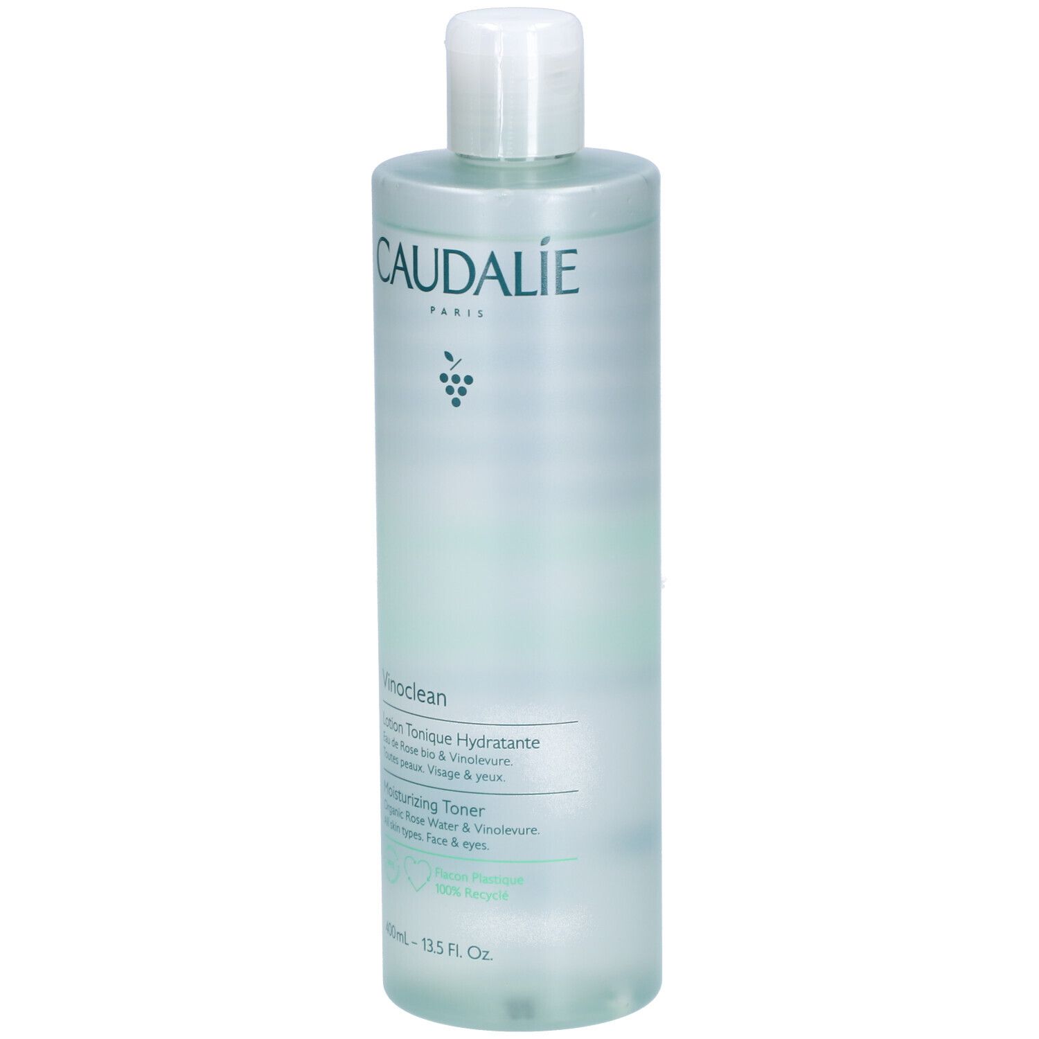 Caudalie Vinoclean Gesichtstonic-Flasche. Weißer Deckel, grüne Schrift. Enthält Rose und Vinolevure. 400ml.