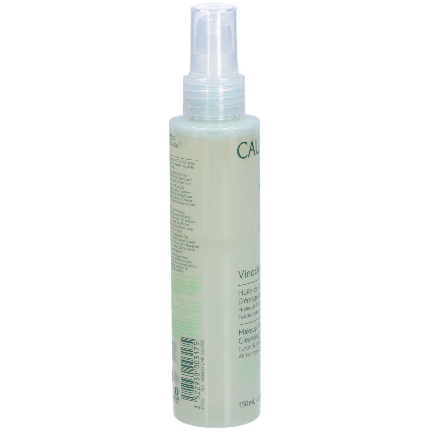 Caudalie Vinoclean Flasche, Rückseite. Text: Vinoclean, Makeup Removing Cleansing Oil. Mit Inhaltsangaben und Barcode.
