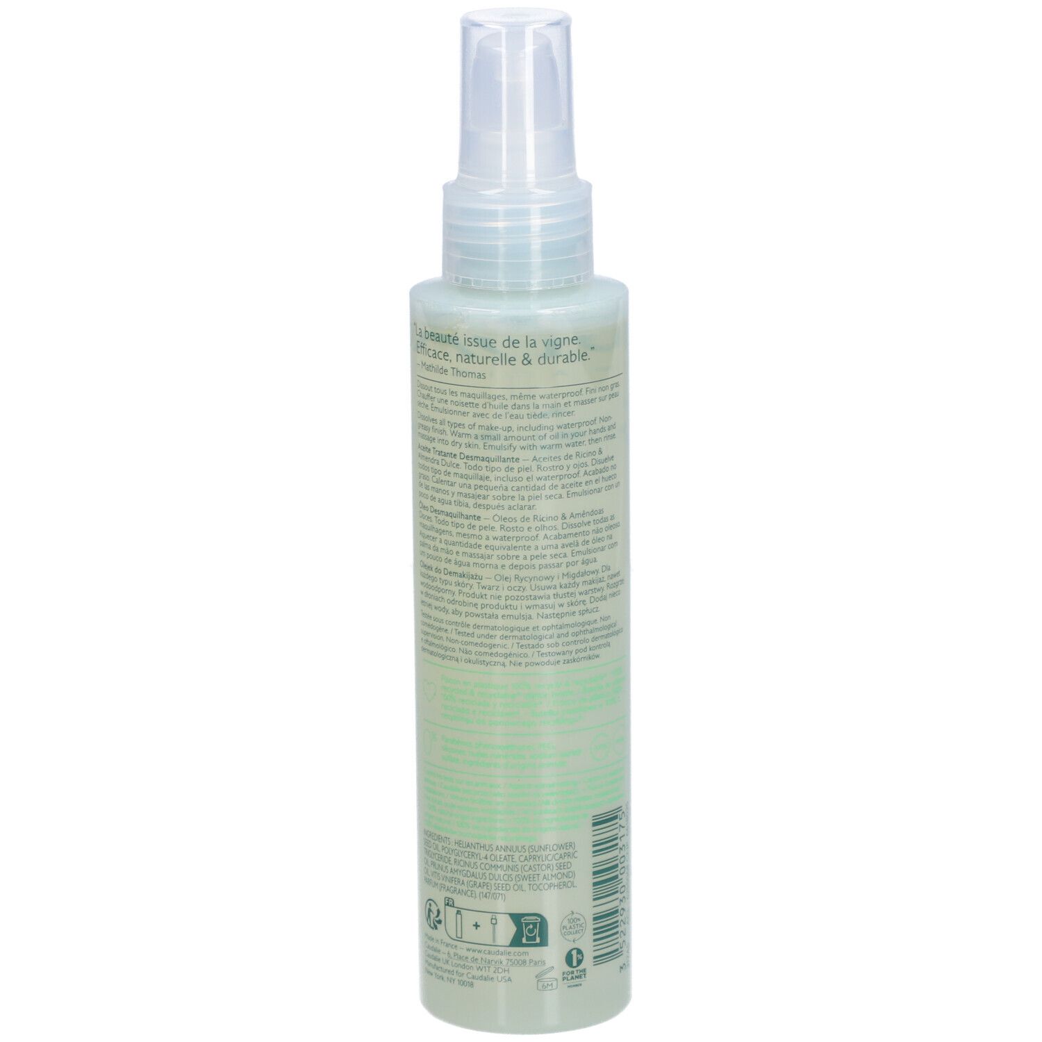 Rückseite der Caudalie Vinoclean Flasche. Text: Inhaltsstoffe, Informationen. Grüne und weiße Schrift.