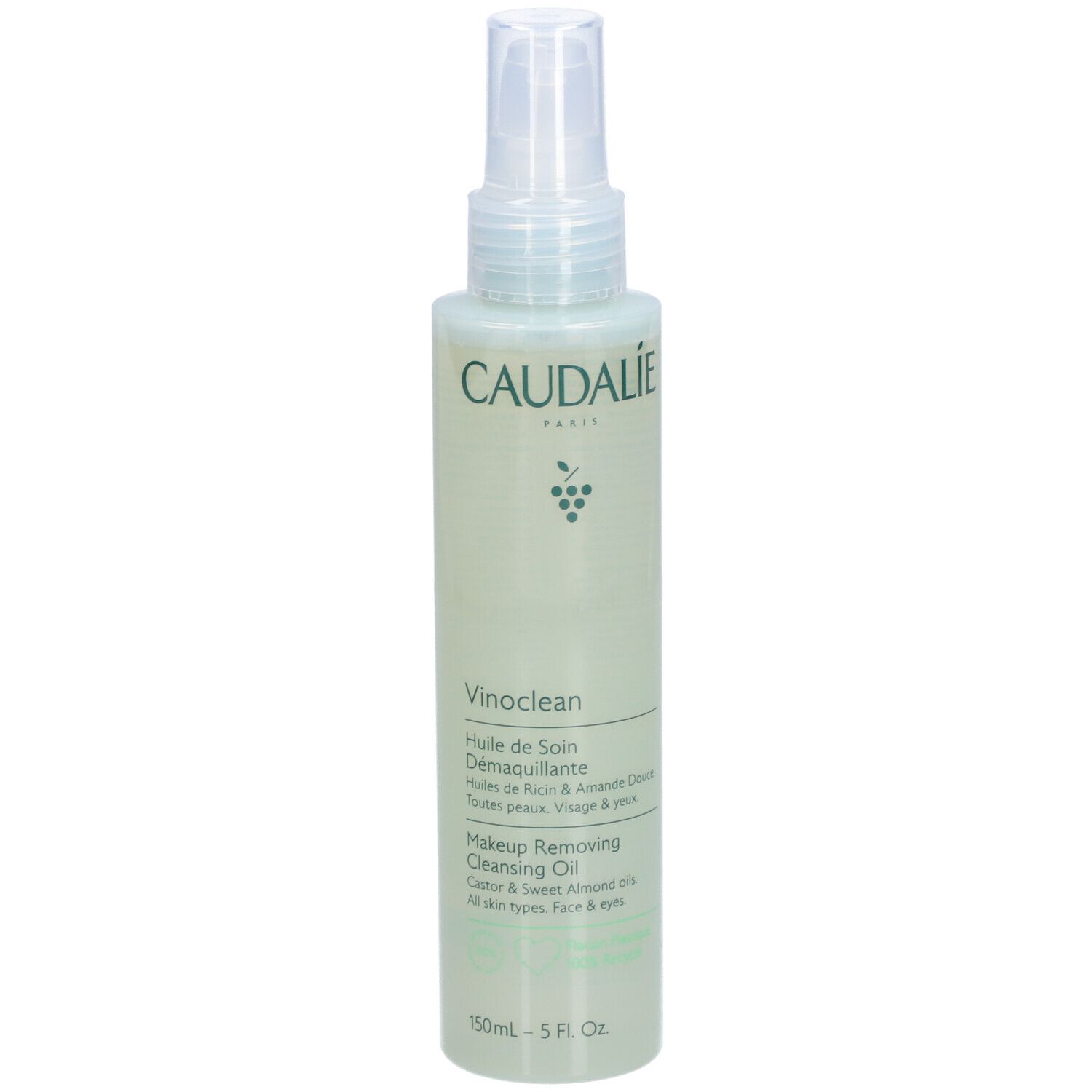 Caudalie Vinoclean Flasche. Mit Sprühkopf. Text: Vinoclean, Makeup Removing Cleansing Oil. 150ml.