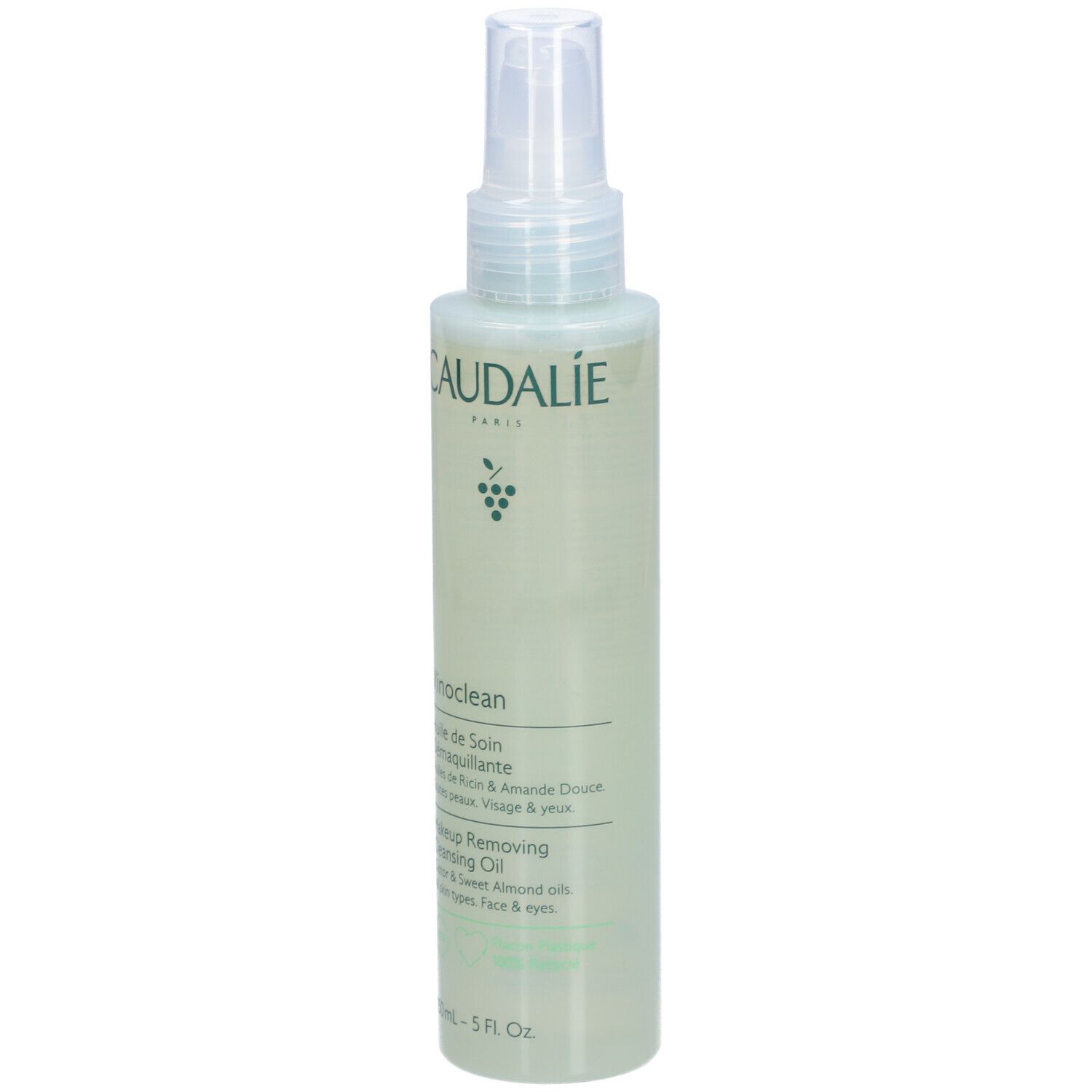 Caudalie Vinoclean Flasche. Mit Sprühkopf. Text: Vinoclean, Makeup Removing Cleansing Oil. 150ml.