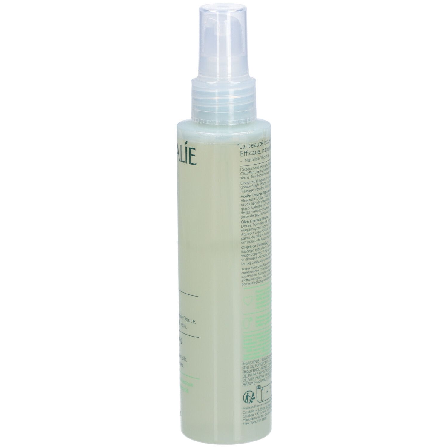 Caudalie Vinoclean Flasche, Seite. Text: Vinoclean, Makeup Removing Cleansing Oil. Mit Inhaltsangaben.