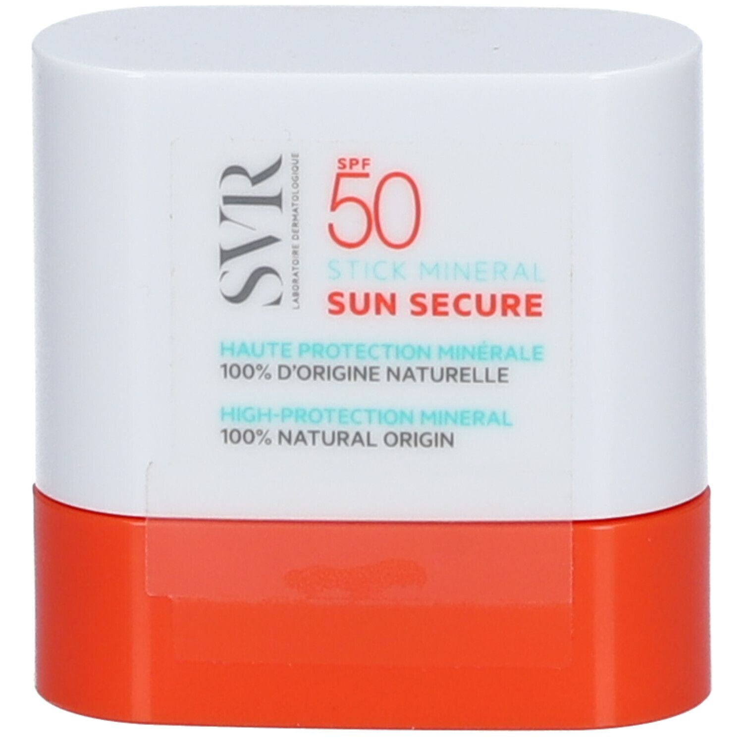 Weißer, rechteckiger Stick mit orangefarbenem Boden. Aufschrift: SVR, SPF 50, SUN SECURE, Mineral Stick.