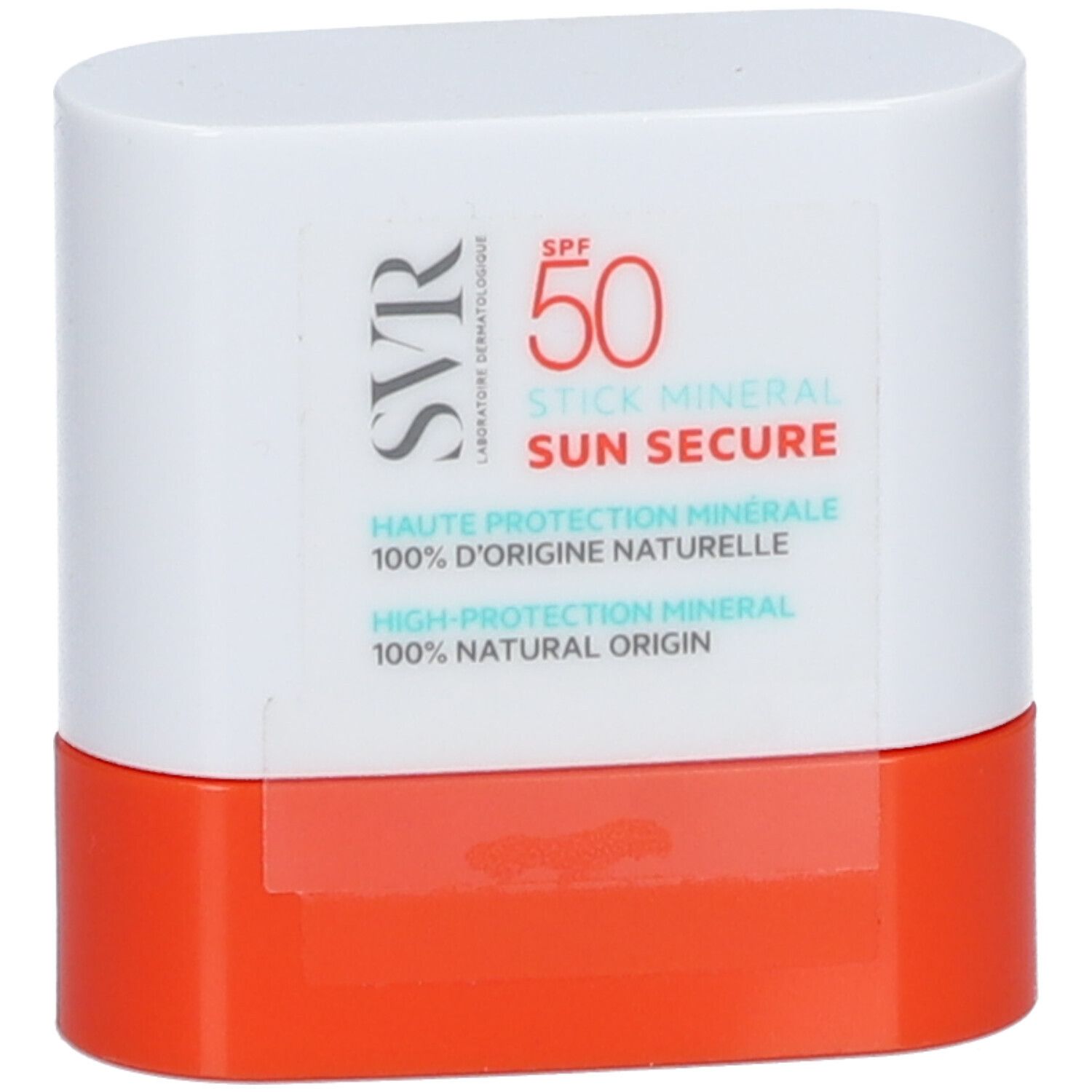 Weißer, rechteckiger Stick mit orangefarbenem Boden. Aufschrift: SVR, SPF 50, SUN SECURE, Mineral Stick.