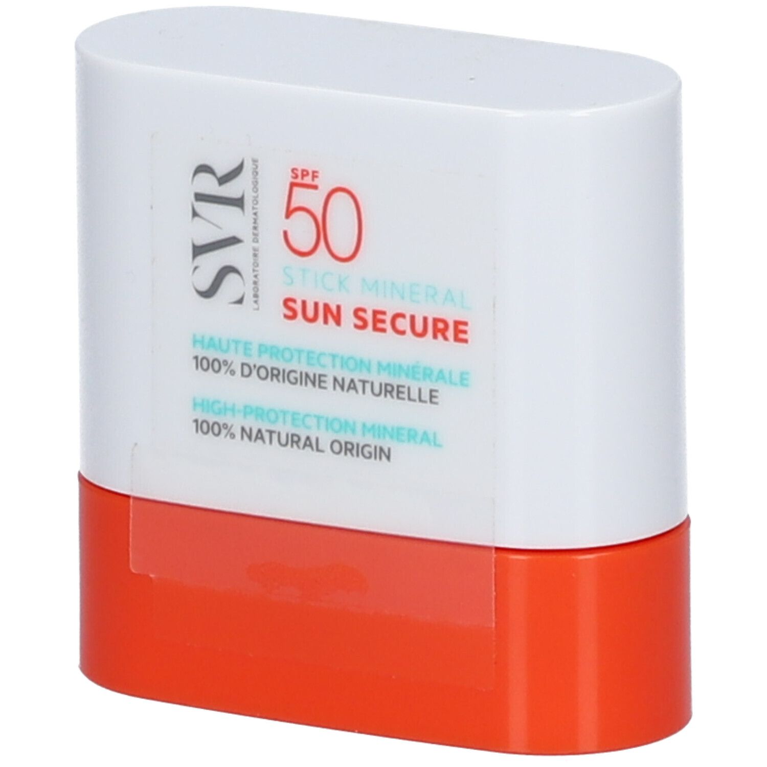 Weißer, rechteckiger Stick mit orangefarbenem Boden. Aufschrift: SVR, SPF 50, SUN SECURE, Mineral Stick.