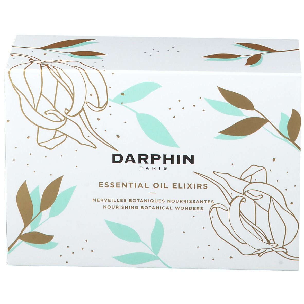 Weißer Karton mit floralen Illustrationen und Text. Darphin-Logo, „Essential Oil Elixirs“ und „Nourishing Botanical Wonders“.