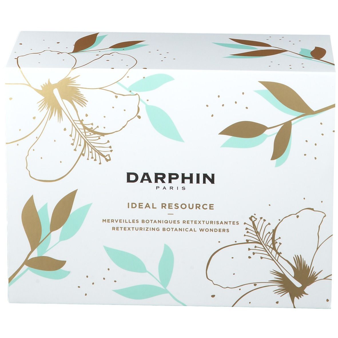 Geschenkset-Verpackung mit floralem Muster. Aufschrift: DARPHIN PARIS, IDEAL RESOURCE. Text in Französisch und Englisch.
