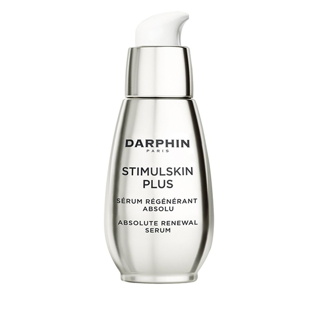 Silberne Flasche mit weißem Spender. Darphin Stimulskin Plus Serum. Text: Absolute Renewal Serum.
