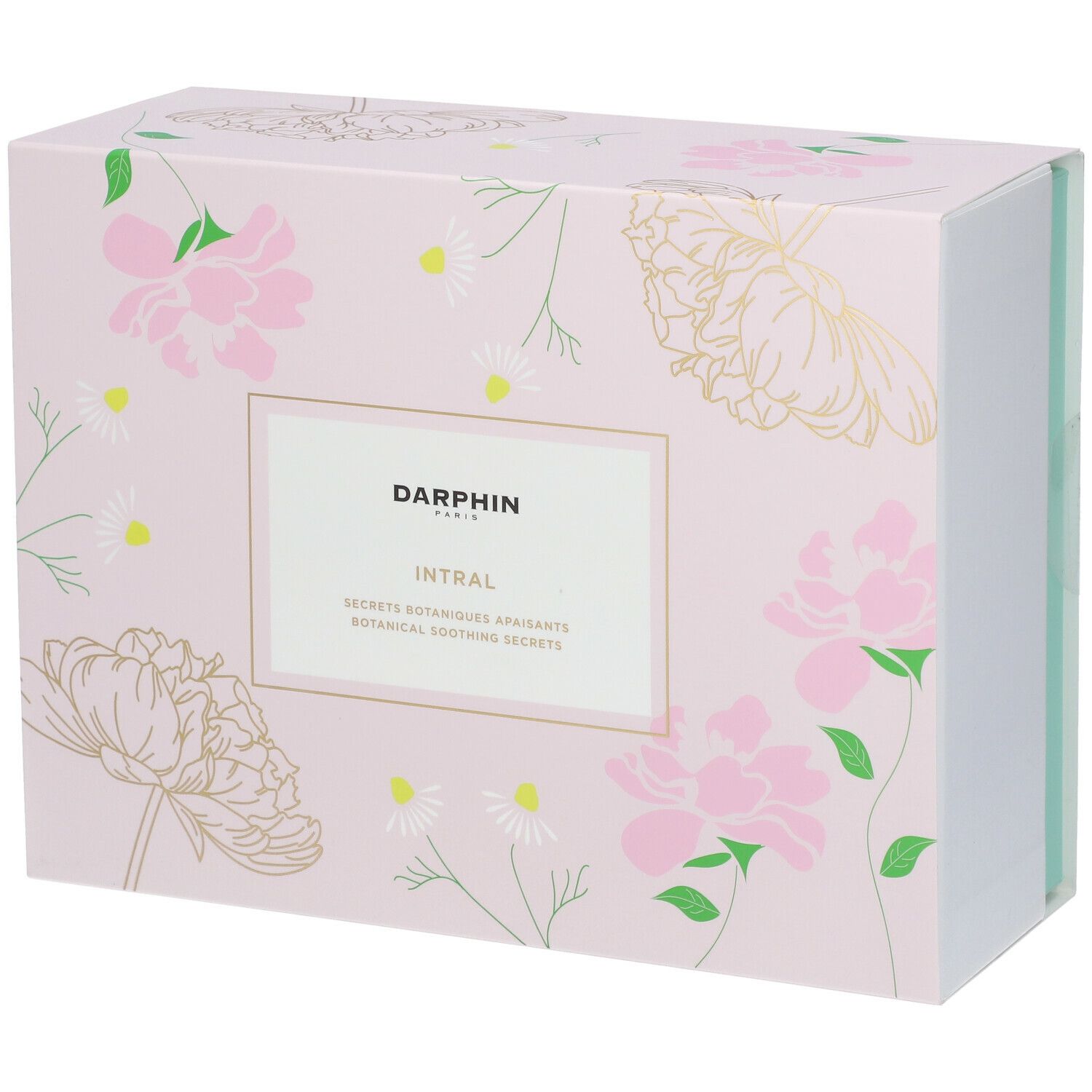 Geschenkset mit rosa floralem Design. Aufschrift: DARPHIN INTRAL. Rechteckige Verpackung mit Deckel.
