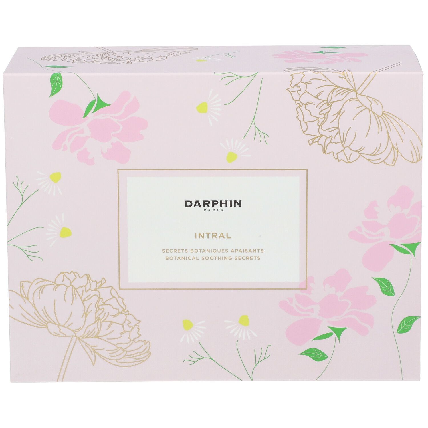Geschenkset, rosa floral. DARPHIN INTRAL. Rechteckige Verpackung mit floralem Muster und Produktnamen.