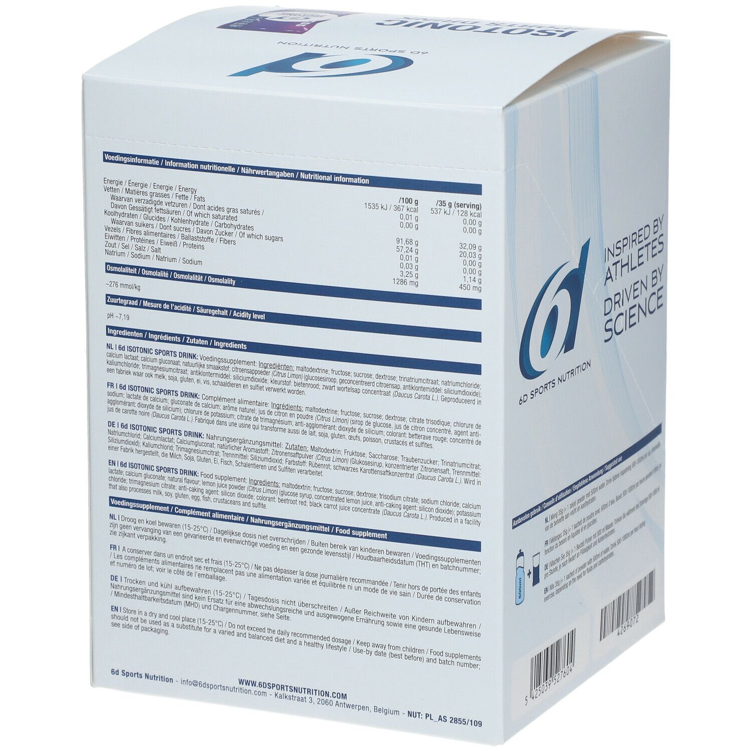 Rückseite der Produktverpackung. Enthält Informationen zu Nährwerten, Inhaltsstoffen und Anwendung. Logo: 6D Sports Nutrition. Barcode und Chargennummer.