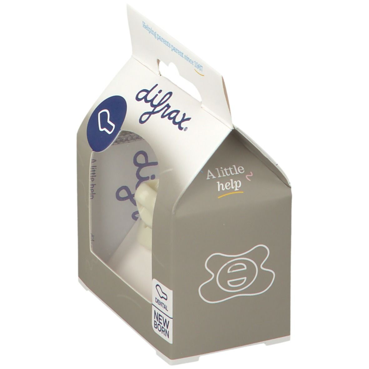 Verpackung mit Schnuller. Marke difrax. Sichtfenster zeigt Schnuller. Text: Dental Newborn.