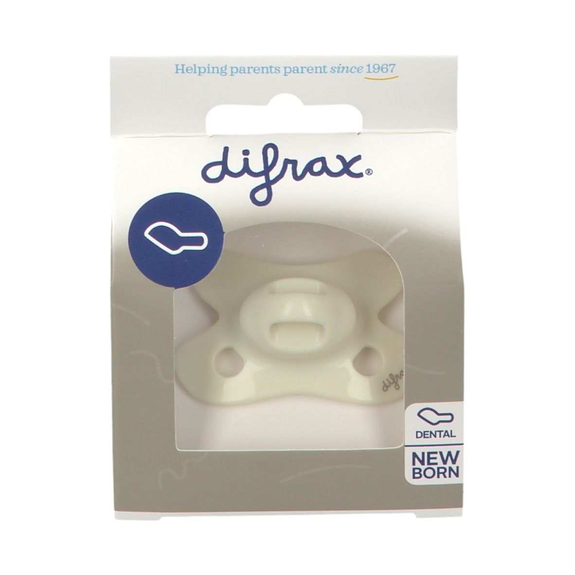 Verpackung mit Schnuller. Marke difrax. Sichtfenster zeigt Schnuller. Text: Dental Newborn.