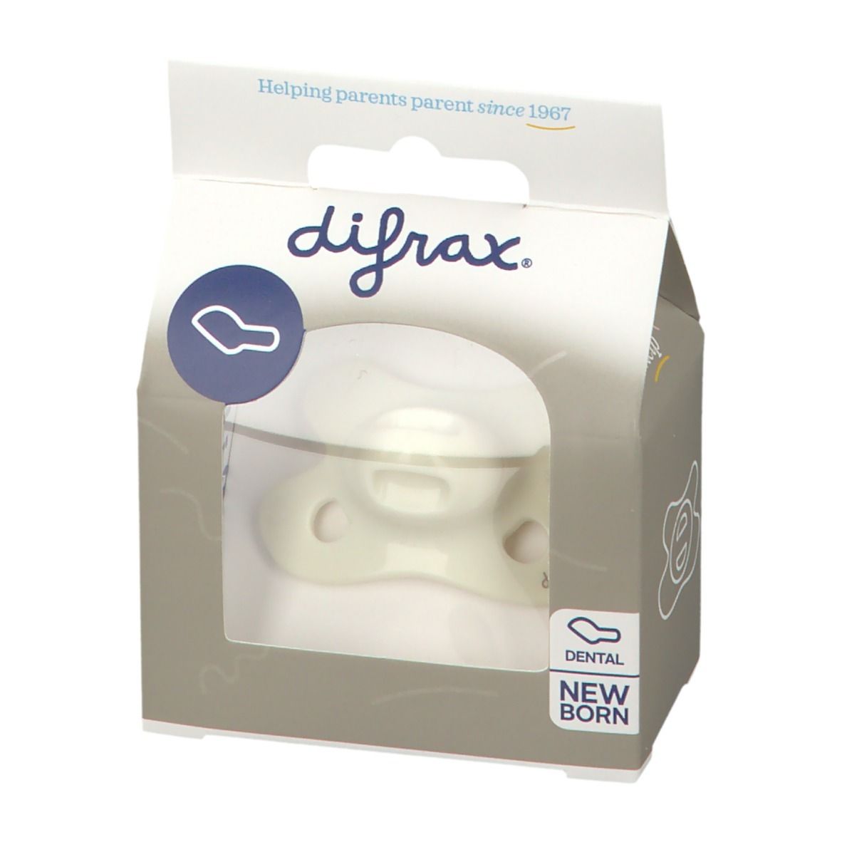 Verpackung mit Schnuller. Marke difrax. Sichtfenster zeigt Schnuller. Text: Dental Newborn.