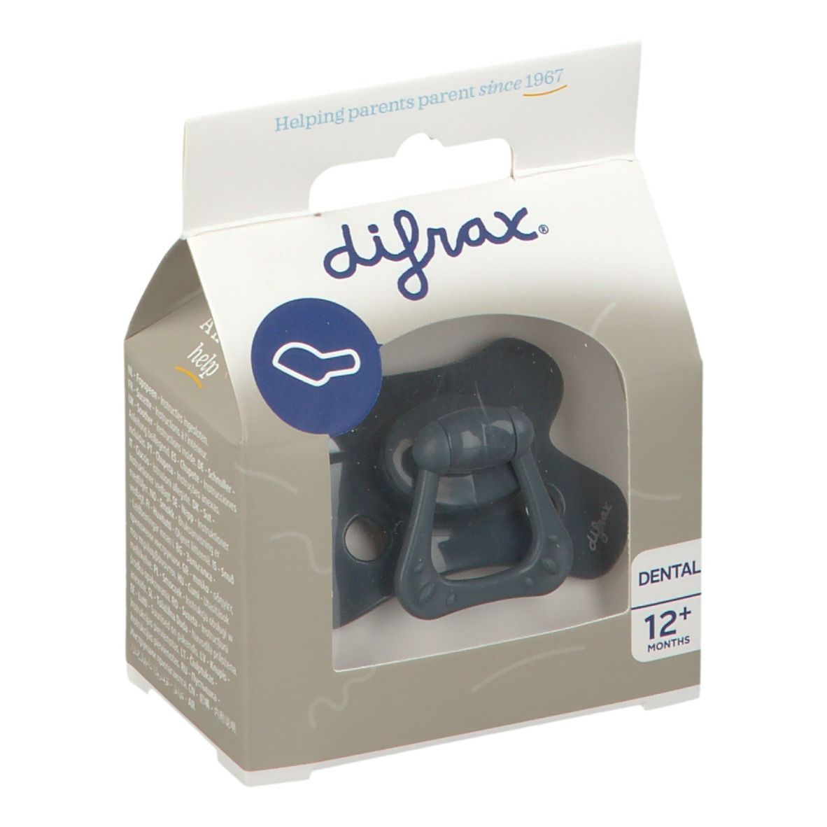 Verpackung mit Schnuller. Marke difrax. Sichtfenster. Aufdruck: Dental, 12+ Monate. Hilfreich für Eltern seit 1967.