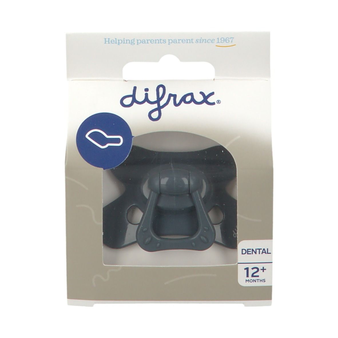 Verpackung mit Schnuller. Marke difrax. Sichtfenster. Aufdruck: Dental, 12+ Monate. Hilfreich für Eltern seit 1967.