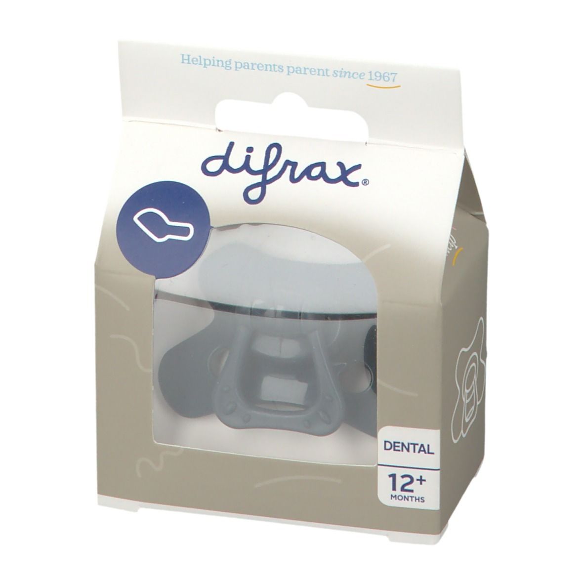 Verpackung mit Schnuller. Marke difrax. Sichtfenster. Aufdruck: Dental, 12+ Monate. Hilfreich für Eltern seit 1967.