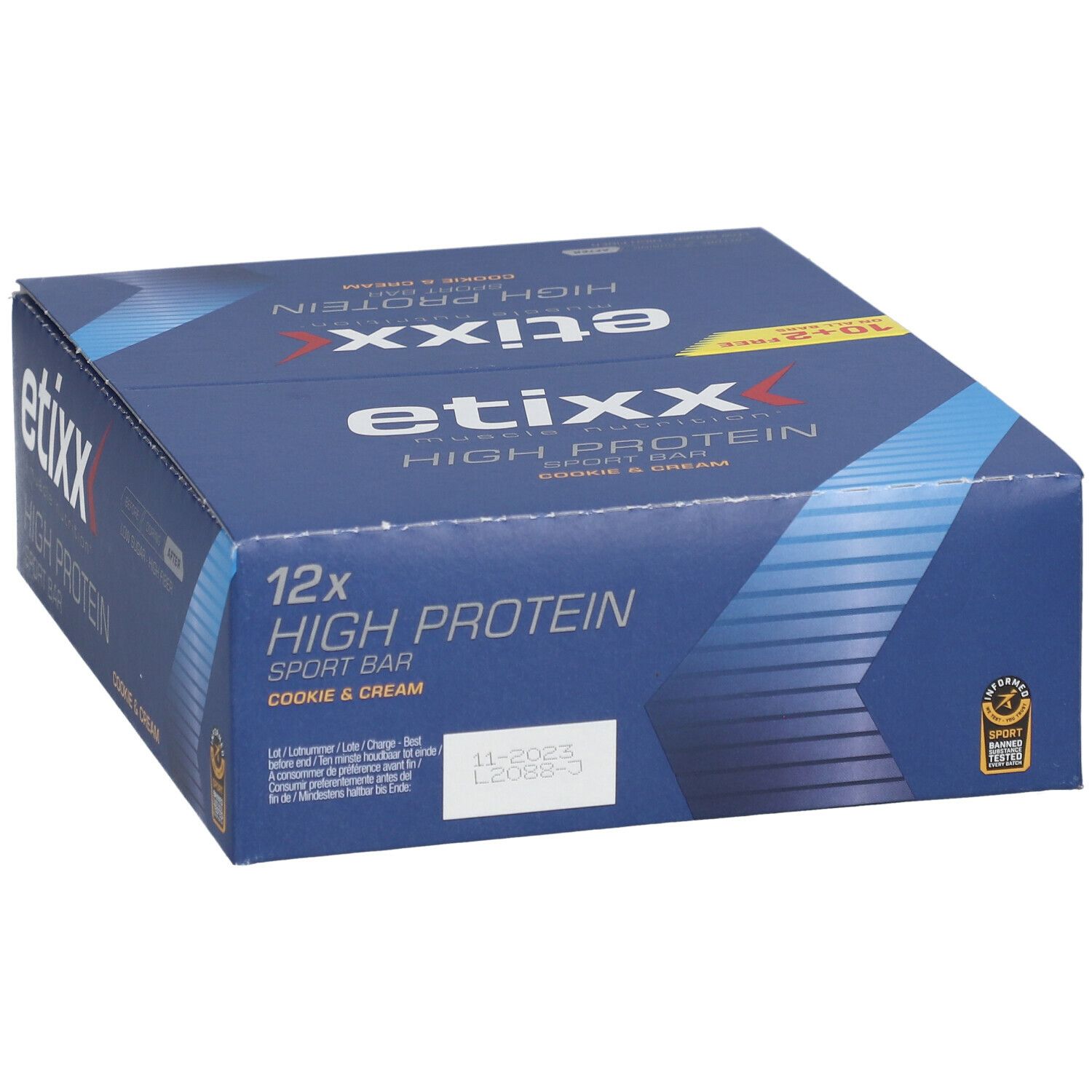 Blauer Karton mit 12 Proteinriegeln. Aufschrift: etixx High Protein Sport Bar, Cookie & Cream. Mindesthaltbarkeitsdatum.