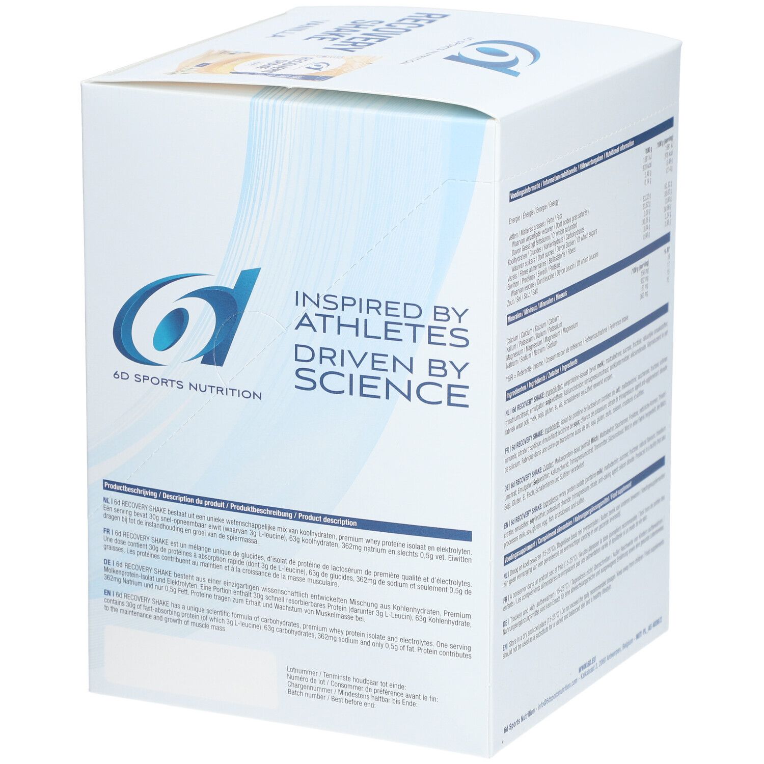 Rückseite der 6D Sports Nutrition Recovery Shake Vanilla Verpackung. Enthält Nährwertangaben, Zutatenliste und Zubereitungshinweise.