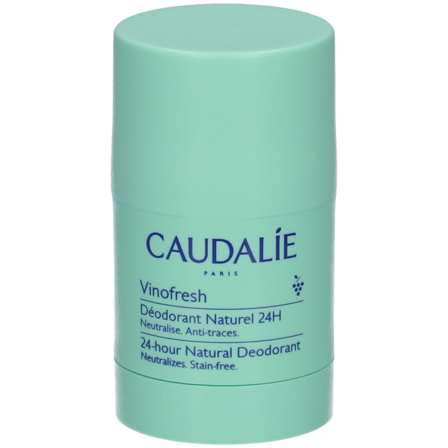 Zylindrischer Deostift in Mintgrün. Aufschrift: CAUDALIE, Vinofresh, 24H Natural Deodorant. Neutralisiert, ohne Flecken.