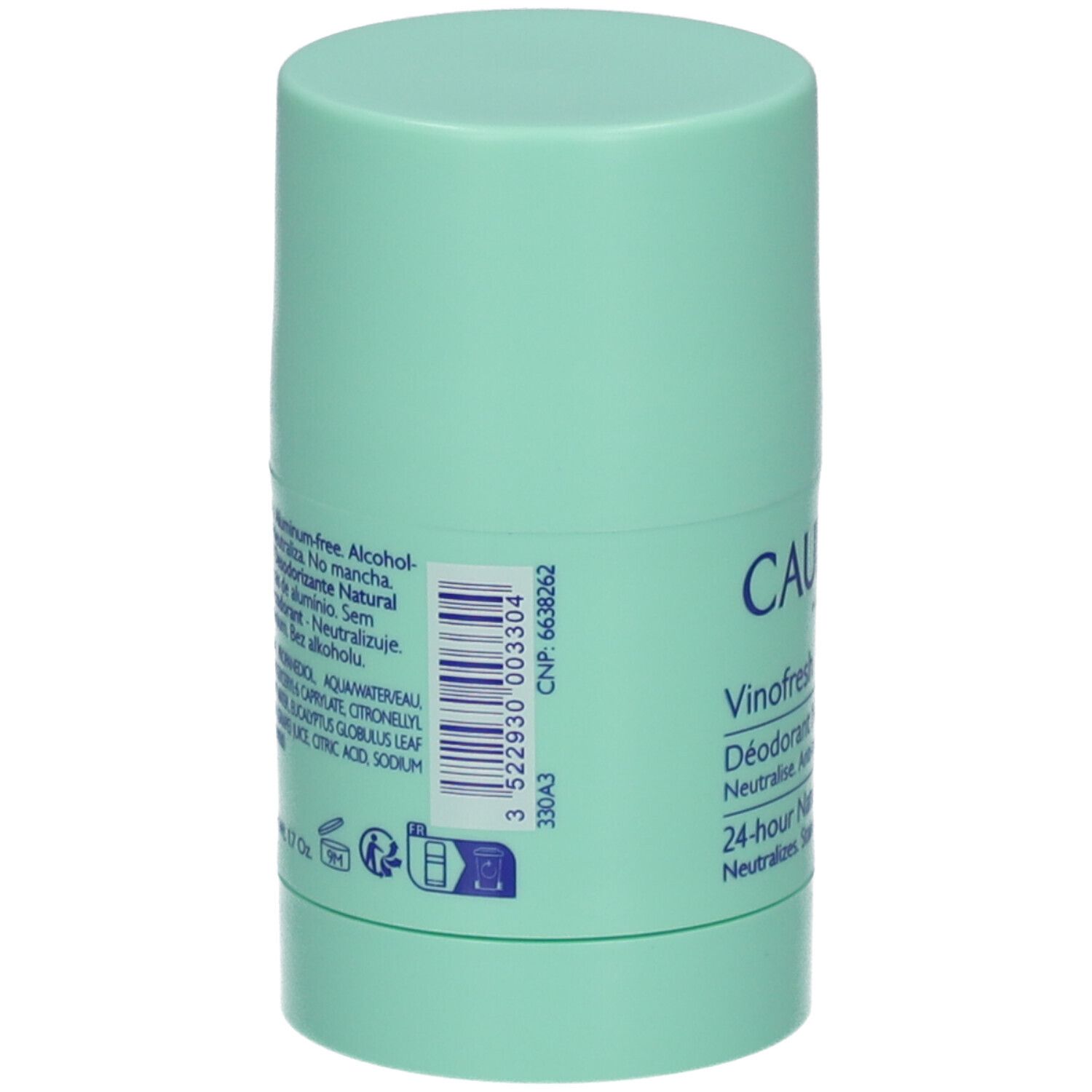 Rückseite des Deostifts. Aufschrift: CAUDALIE, Vinofresh. Inhaltsstoffe, Barcode, CNP-Nummer. Mintgrüner Zylinder.