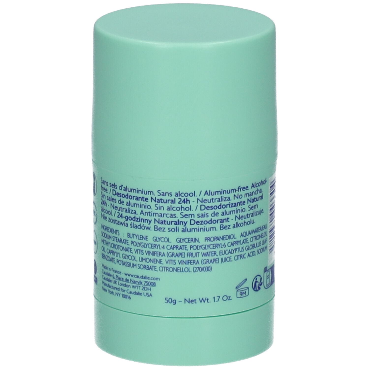 Rückseite des Deostifts. Inhaltsstoffe, Nettoinhalt 50g, 1.7 oz. Mintgrüner Zylinder. Text in mehreren Sprachen.